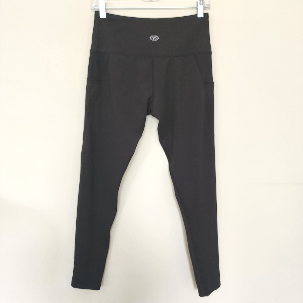 NYL Sport Womens Black High Waisted Athletic Leggings Pockets Size M yoga gym - Picture 2 of 7